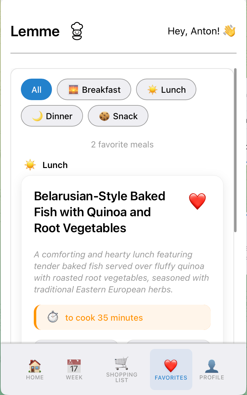 Favorite Meals Screenshot